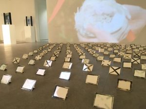 Every day for a year exhibition at F Block Gallery Bristol featuring film she wonders/wanders and 186 porcelain envelopes