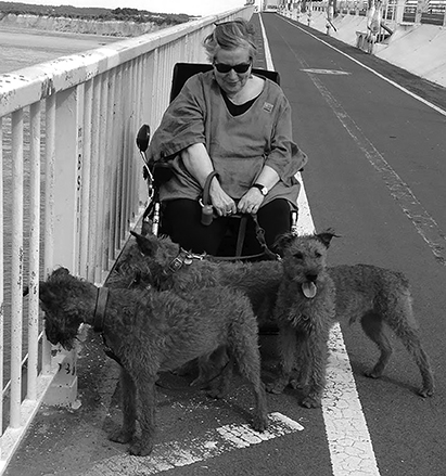 woman on river severn bridge with dogs
