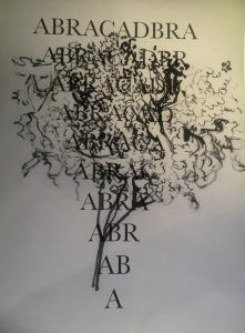 drawing of elder blossoms with words abracadabra placed over the top in a diminishing triangle
