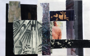 collage of patterns and an irish terriers hind quarters