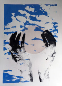 screen print of clouds and cupped hands holding a shimmering sphere