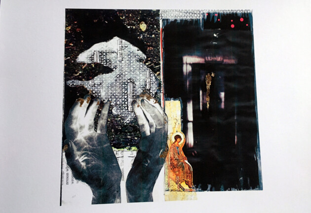 collage of cupped hands, dark temple, silhouette of dead swan