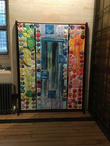 Textile triptych commission in Treasures Exhibition Exeter Cathedral.