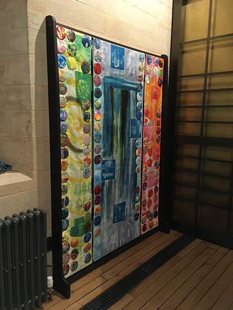 Textile triptych commission in Treasures Exhibition Exeter Cathedral.