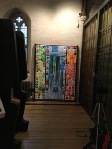 Treasures Exhibition Exeter Cathedral, long view of textile triptych commission