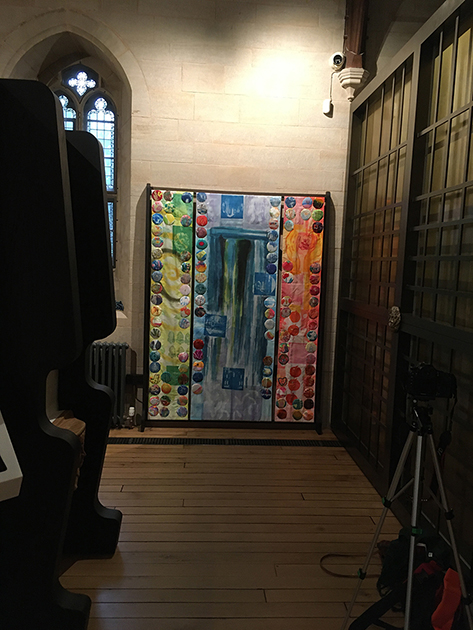 Treasures Exhibition Exeter Cathedral, long view of textile triptych commission