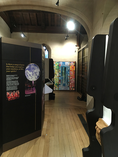Treasures Exhibition Exeter Cathedral, long view of textile triptych commission