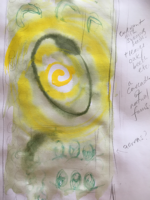 Watercolour design for birth textile panel showing egg, spiral and acorns