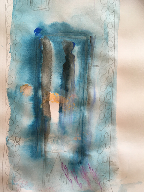 watercolour design for death panel, showing doorway and figure