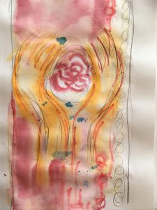 Design for marriage section of textile Triptych, cupped hands around a rose.