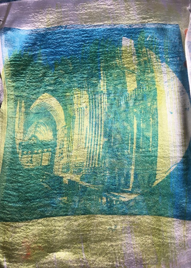 heat transfer print on fabric of historic image of Exeter cathedral nave interior in blue and yellow