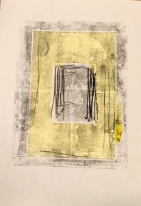 Monoprint black and yellow of a doorway/portal