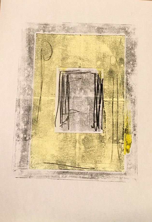 Monoprint black and yellow of a doorway/portal
