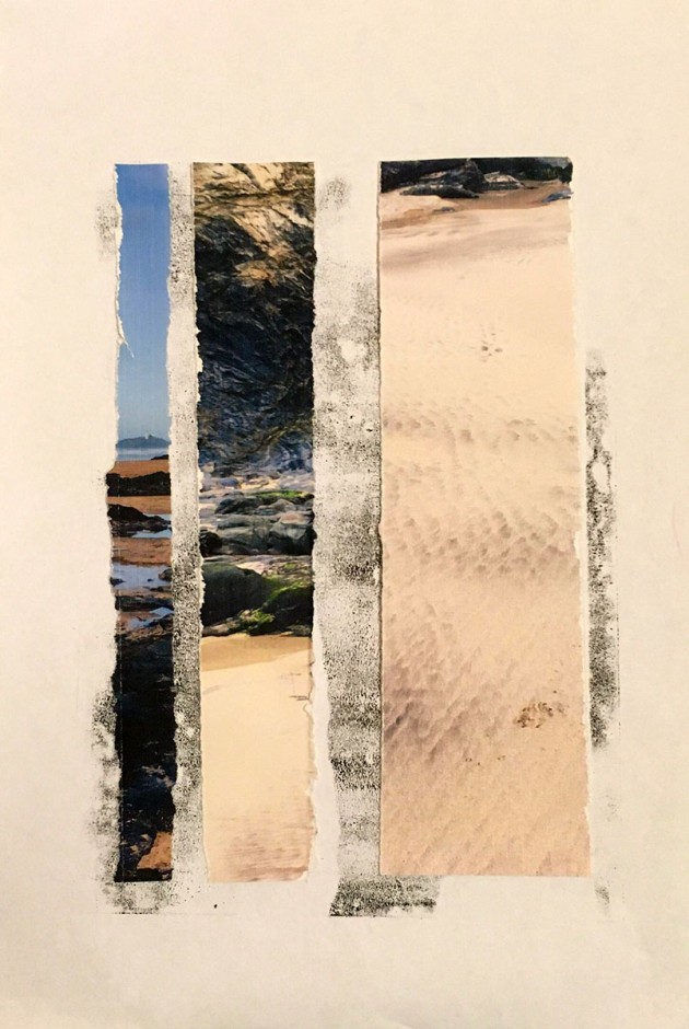 vertical collage from photos of beach textures - sand, rocks, water, sky