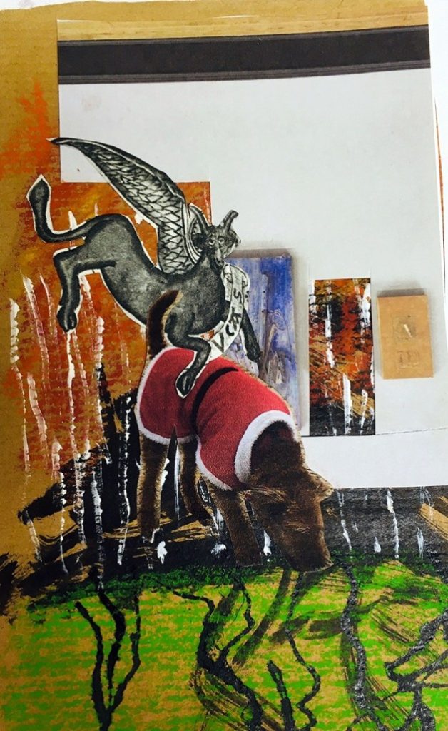 collage of a dog in a Christmas coat, a dragon and a landscape.