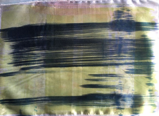 heat transfer press print of abstract sea scape, blue and yellow.