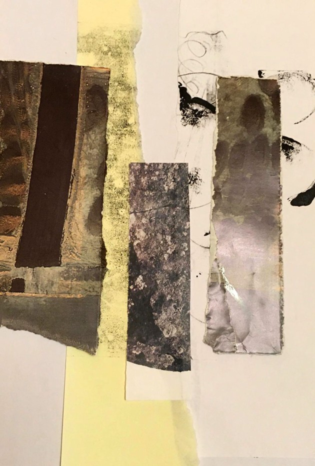Vertical strips collage of textures over monoprint textures.