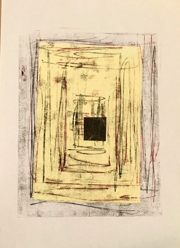 monoprint of vertical and horizontal lines over yellow and white paper with small black square in the middle.