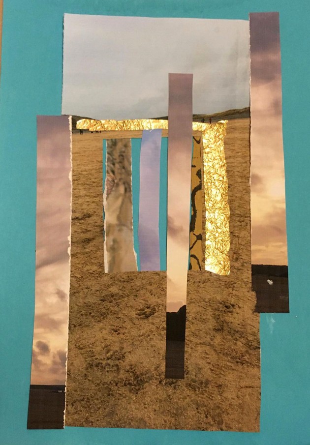 collage of vertical sunset images and gold over a beach photo mounted on blue paper.