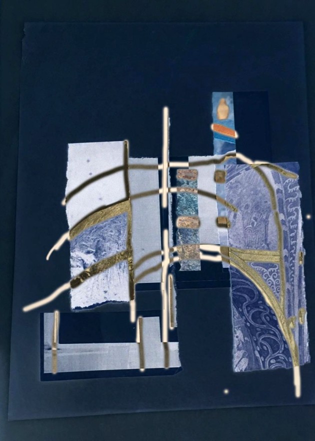 collage of golden arched strips over textured papers with indigo background.