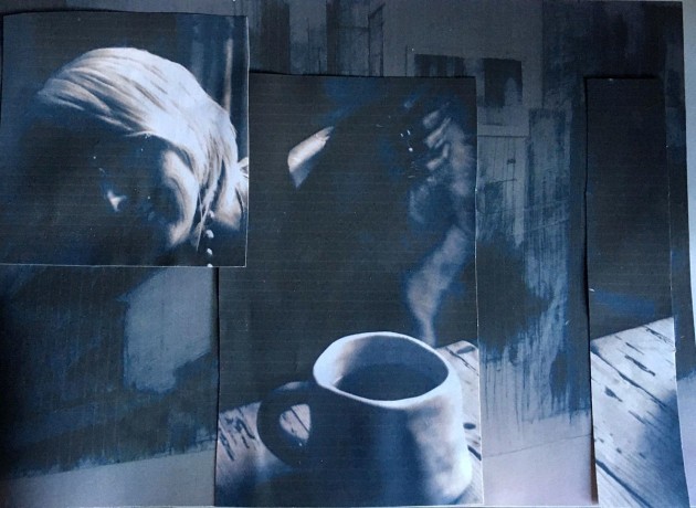 blue photo collage of davina with a dog in an exhibition space, a cup in the foreground on a table.