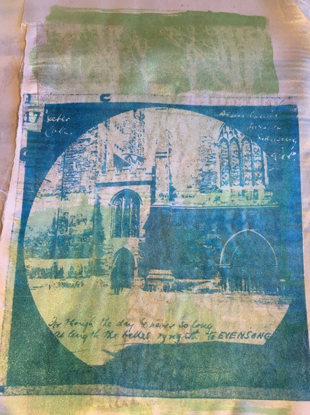 Blue and yellow heat transfer print of historic photo of Exeter Catheral exterior arched doors