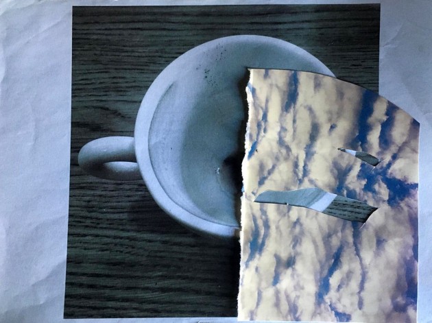 collage of cloud shapes over a cup on a table photographed from above.