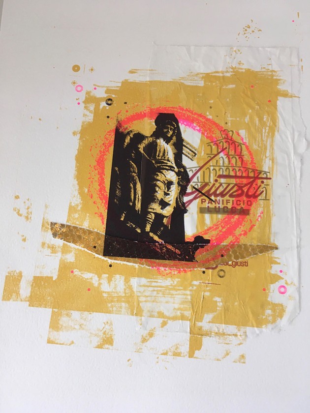 screen print ochre background with Italian writing, red circle and black image of angel Raphael, Tobit and his dog