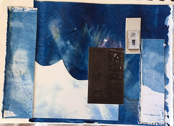 collage of cyanotypes and dark doorway