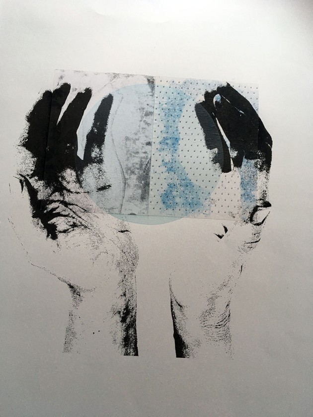Screen print -cupped large black and white hands enclosing monoprint of vague hand shapes on dotted paper