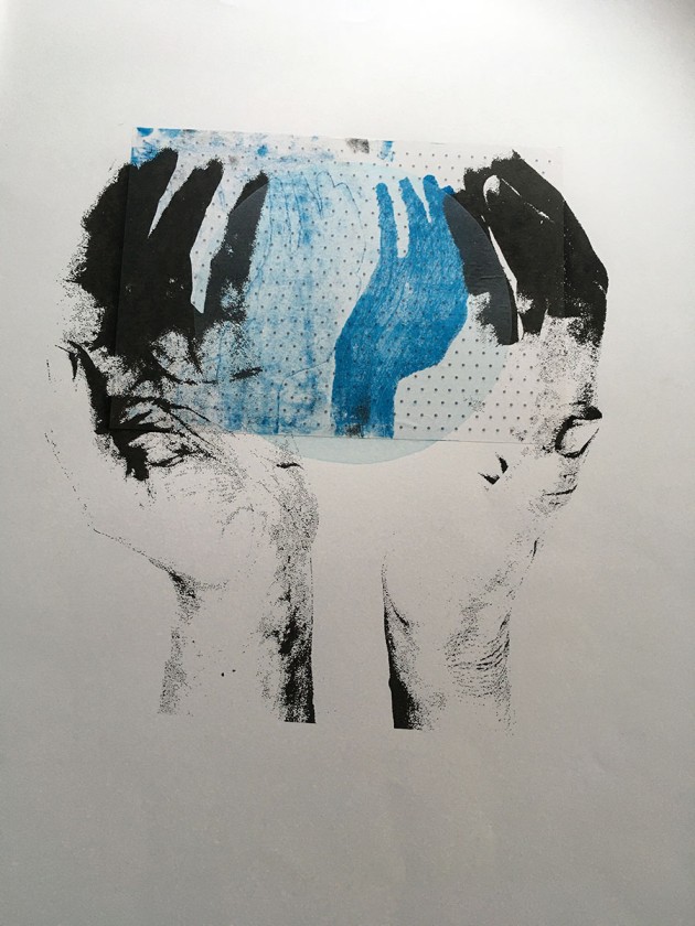 Screen print -cupped large black and white hands enclosing monoprint of vague hand shapes on dotted paper
