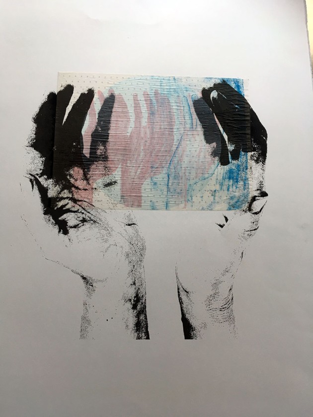 Screen print -cupped large black and white hands enclosing monoprint of vague hand shapes on dotted paper