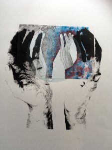 Screen print -cupped large black and white hands enclosing monoprint of vague hand shapes on dotted paper
