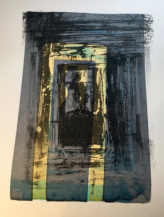 screenprint of the Shiva Temple with a figure in the shadows at the centre.
