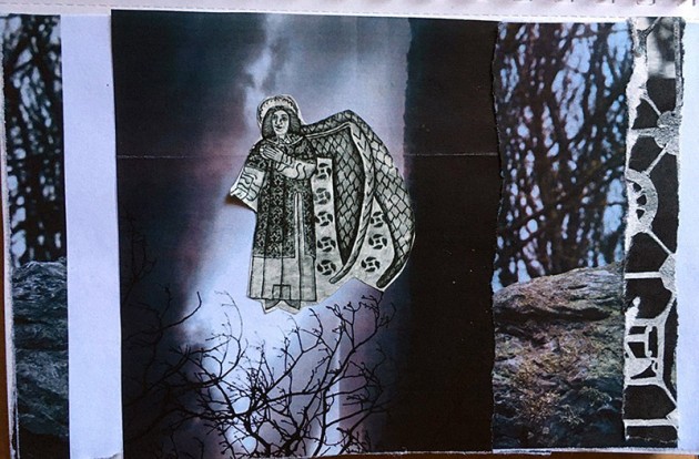 collage of trees and ancient rocks with a medieval angel floating above.