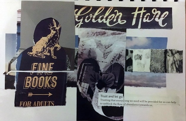 collage of sky, shadows golden hare label for a bookshop in Edinburgh.