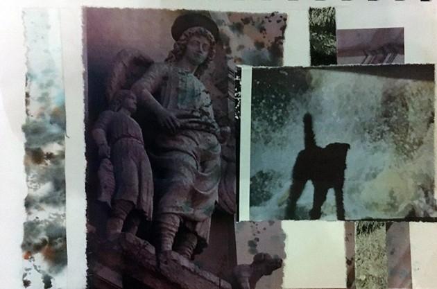 Collage of Angel Raphael, Tobit and a silhouette of Ulf Irish Terrier.