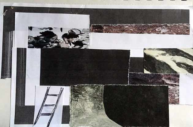 collage strips of black rectangles and textures and a ladder.