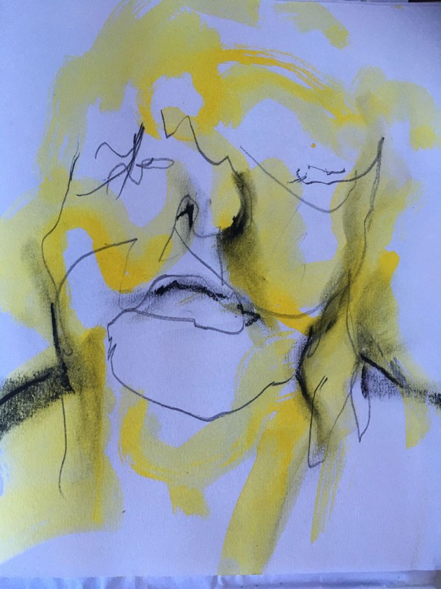 compressed charcoal and yellow ink abstract self portrait