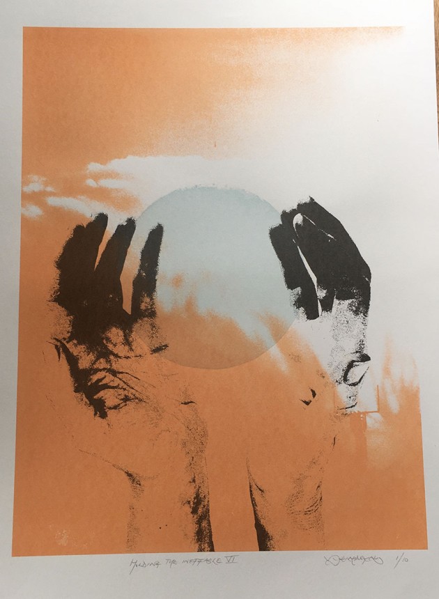 Screen print - large B&W cupped hands surround a floating circle with simplified Italian clouds in background