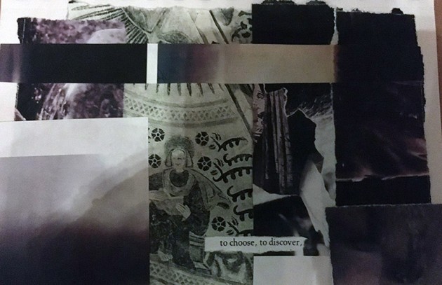 collage of dark rectangles and an angel reading with teh words to choose, to discover.