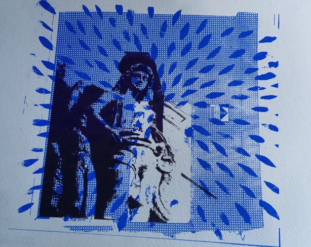 screen print blue rays, on a background of security envelope, stream out from a dark purple Angel Raphael and Tobit carrying a fish.