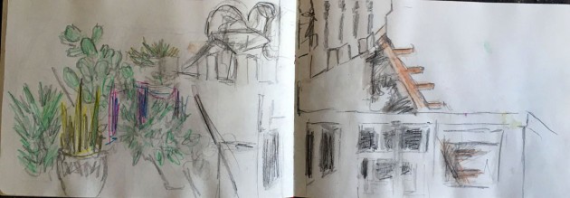 sketch book drawing of building, terrace and garden.