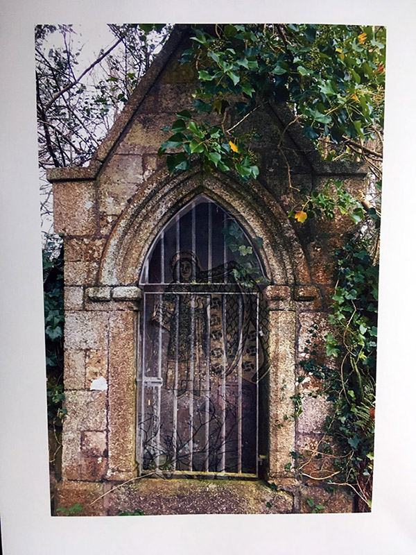 collage of a stone icon space with an angel inside behind the rails of the gate