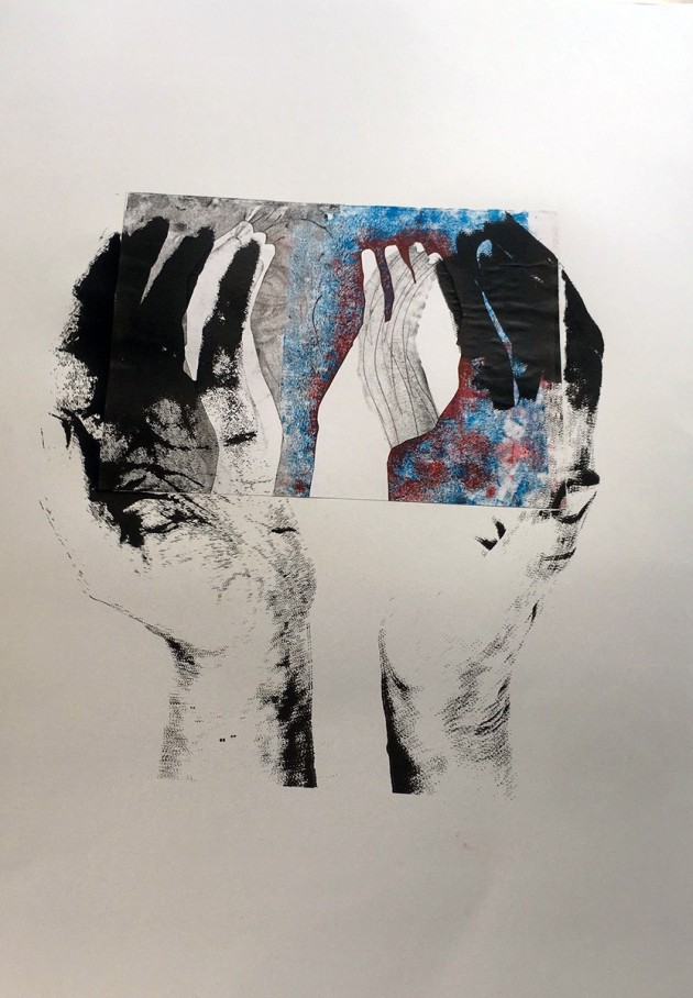 B&W large screen printed cupped hands over mono print small cupped hands