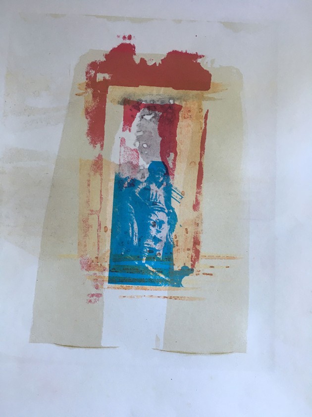 mono-screen print of doorway/shiva temple with Angel Raphael, Tobit and his dog within the frame of the door.