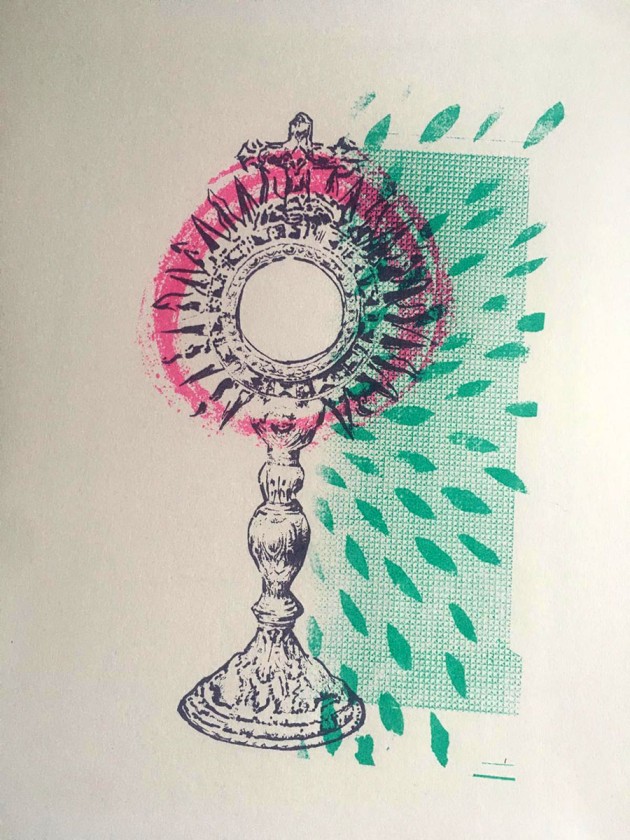 screen print of rays alongside monstrance and pink circle.