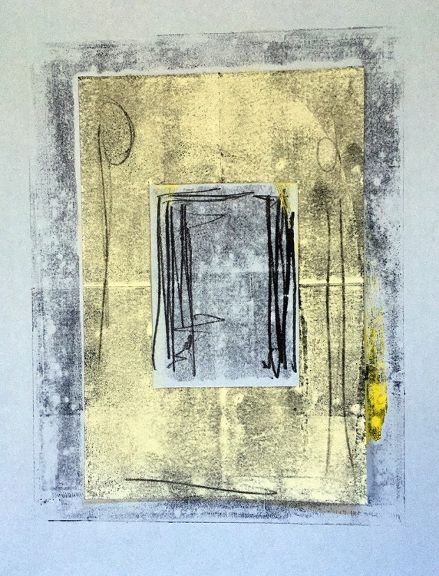 a monoprint of a portal on white and yellow paper.
