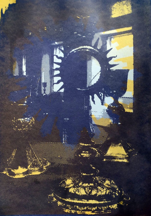 three layer screen print yellow and gold silhouette of a sunflower overlaid with image of a monstrance.