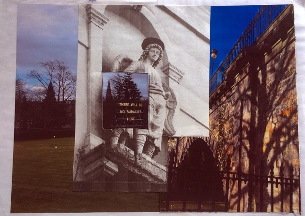 collage of Edinburgh landscapes, including the neon artwork 'There will be no miracles here' and the Angel Raphael.